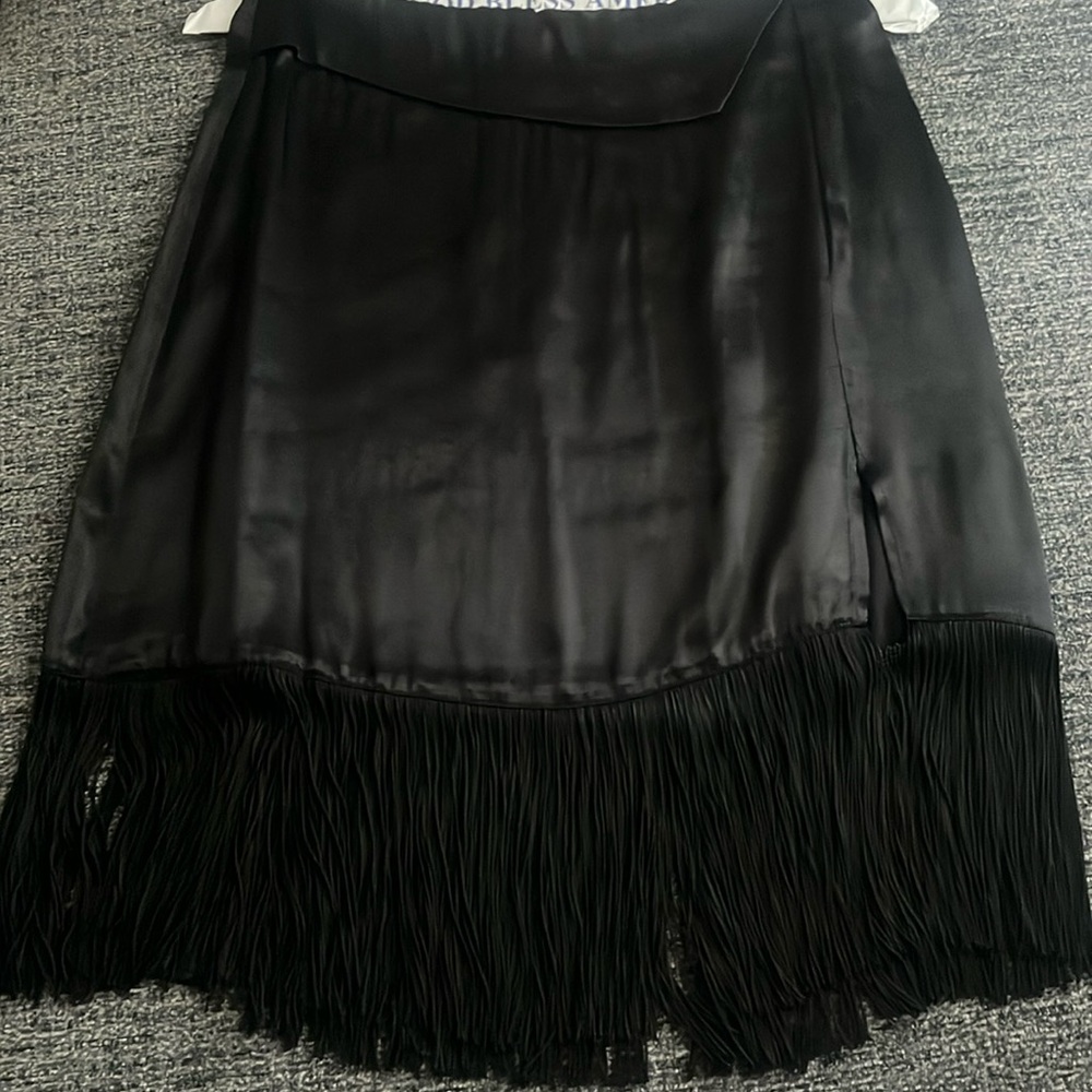 Zara black satin fringe with small slit skirt. Size small. Worn once.
